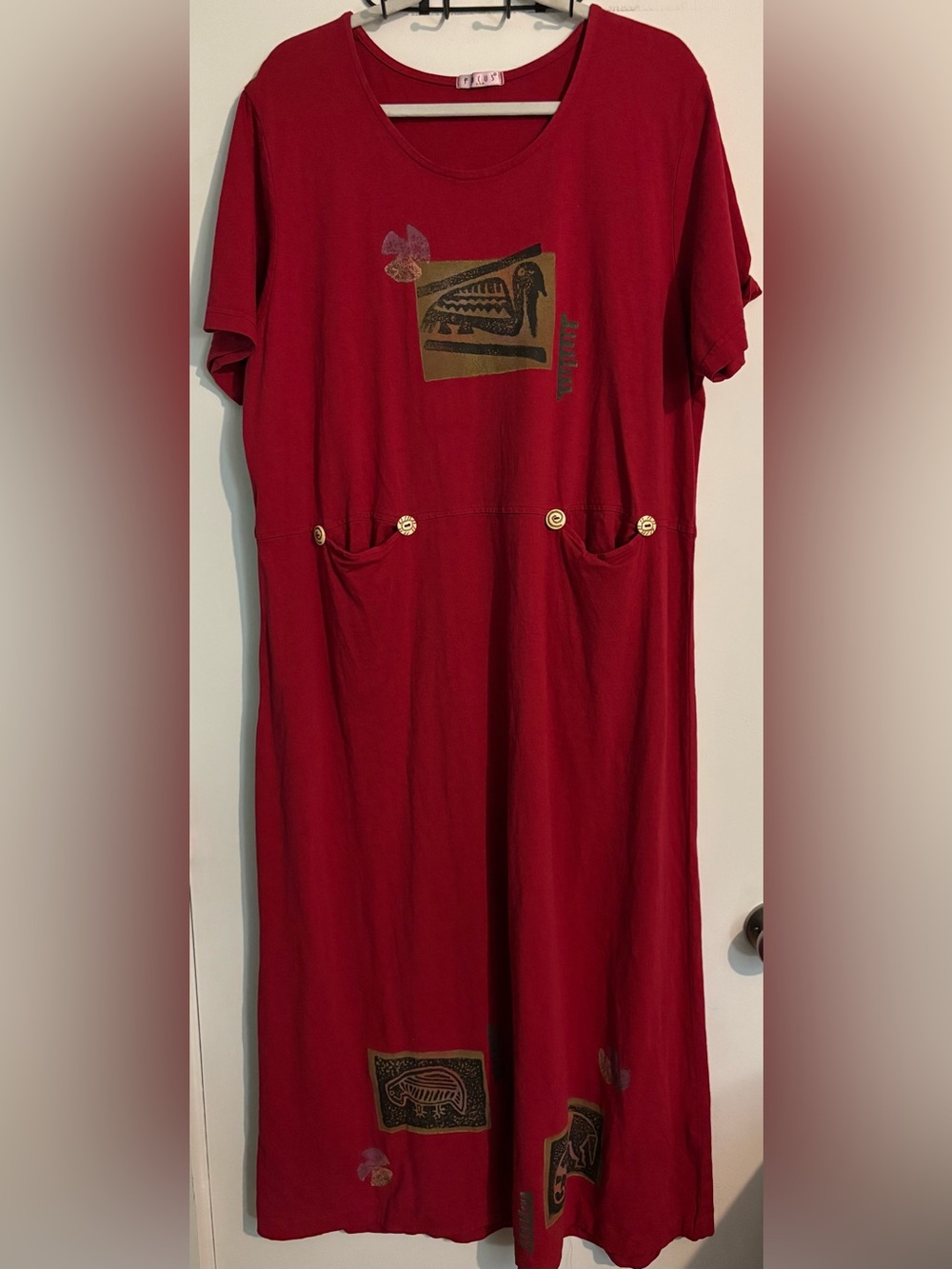 Vintage Focus Womens XL Red Folk Art Dress Pockets Accents Maxi Short Sleeve USA